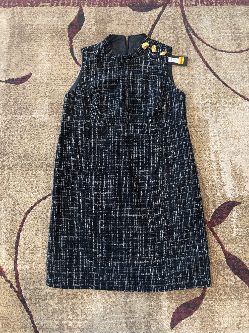 Donna Karan Black & White Tweed Sleeveless Sheath Dress with Gold Buttons
